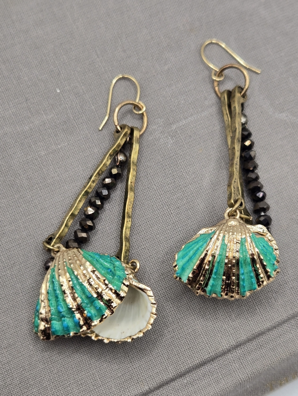 Gold Mermaid Sea Shell Earrings Brass Dangles Black Crystals Tropical Vacation